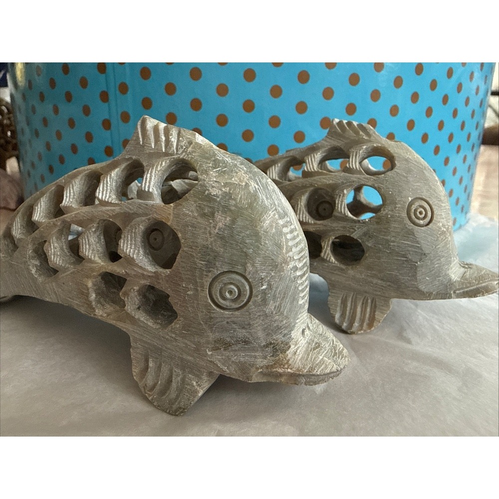 2 Carved 5 x 2.5-inch Soapstone Dolphin Fish Inside of a Fish Figurine Vintage